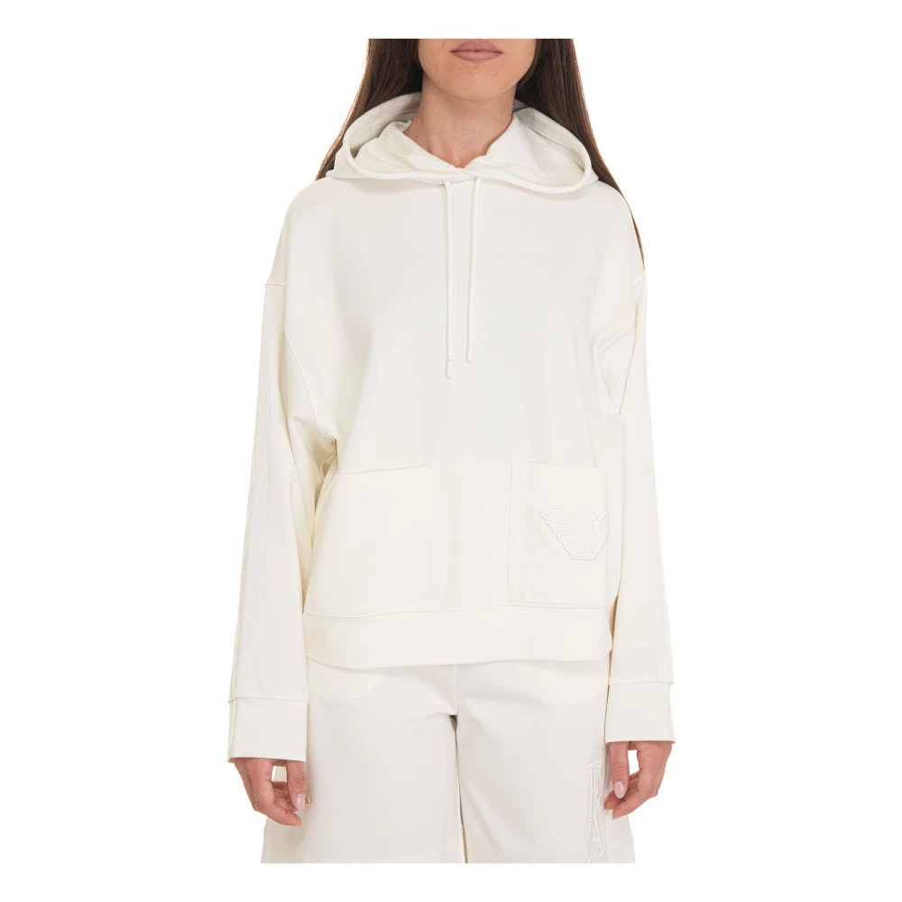 Emporio Armani Vrouw Wit Hoodies & Sweatvesten Dames, M, Hooded Sweatshirt In Milano-Stitch Stof Met Logoband