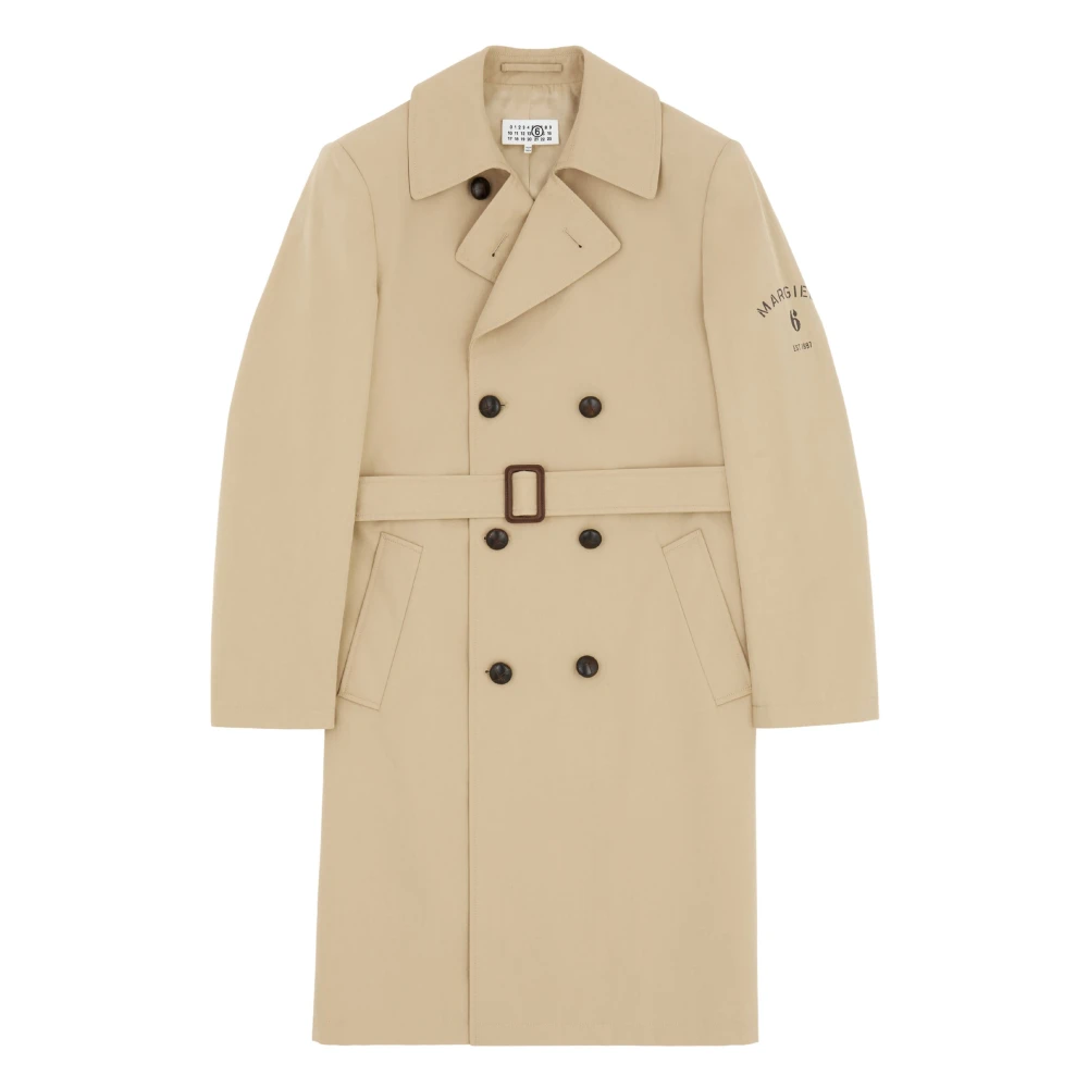 Mm6 Maison Margiela Men's Beige Trench Coats, M, Double-Breasted Belted Trench Coat