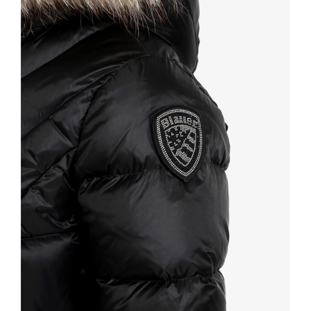 Blauer Technische Stof Lange Jas met Bont Black Dames