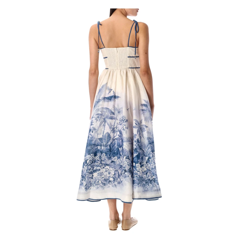 Zimmermann Palm Bloemen Midi Jurk Wit Blauw Multicolor Dames