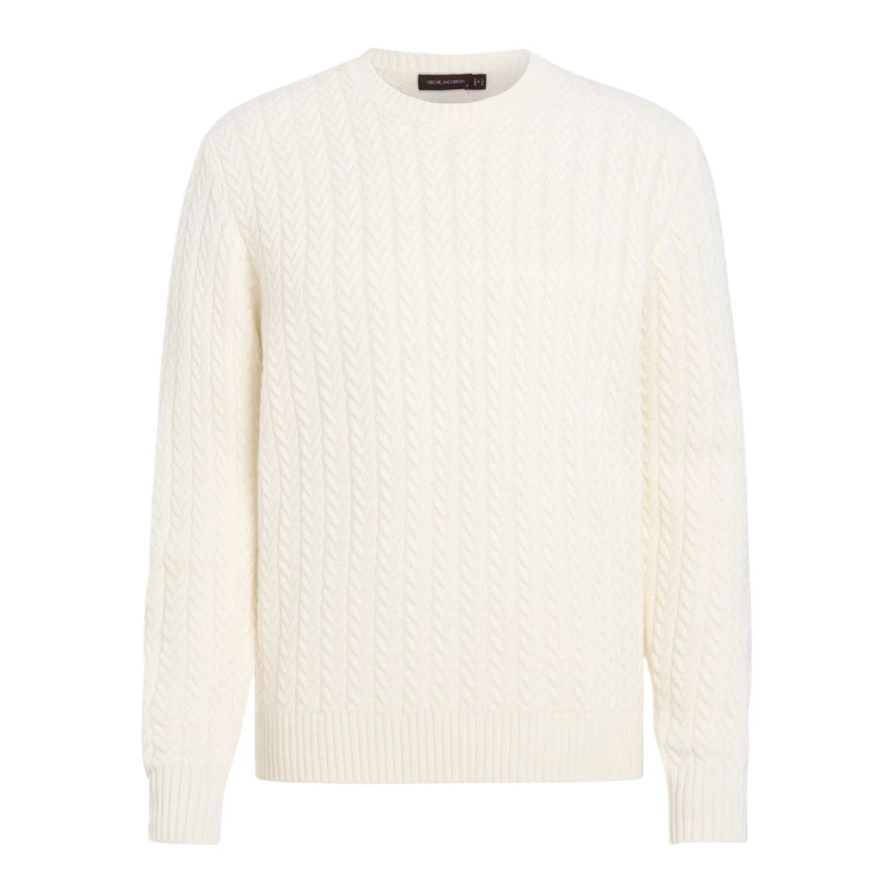 Oscar Jacobson Men's White Round-Neck Knitwear, M, Francesco Regular Fit Roundneck Bomuldsjumper