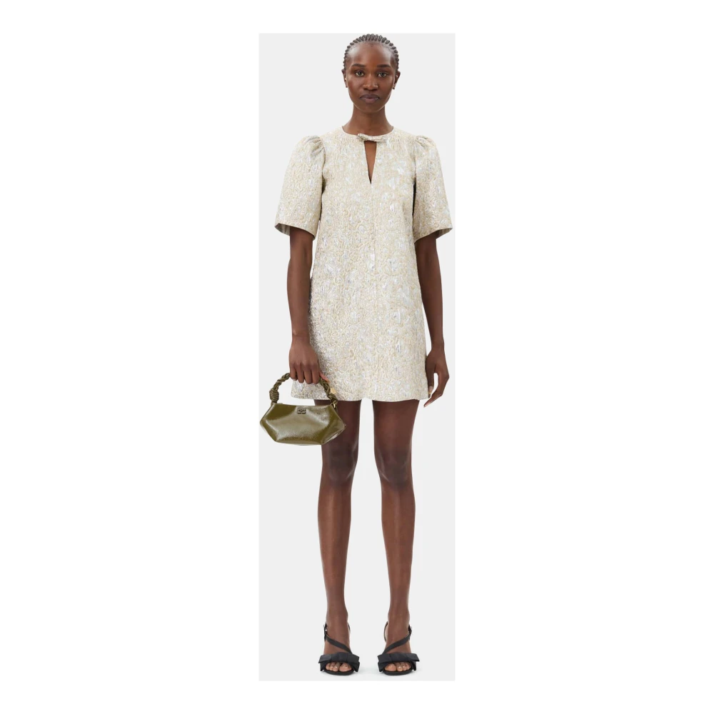 Ganni Metallic Cloque A-vormige Mini Jurk Yellow Dames
