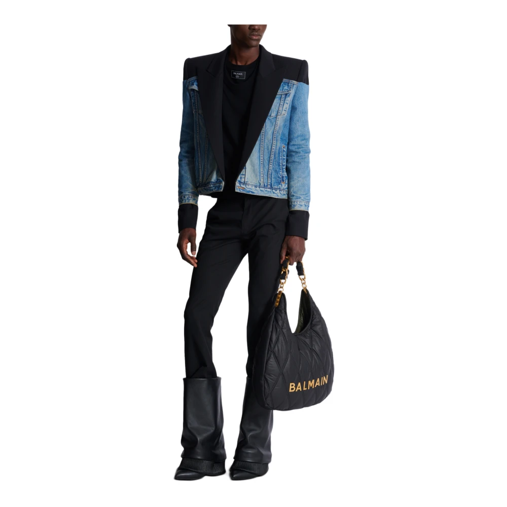 Balmain Geknipte denim- en graan de poudre-jas Black Heren