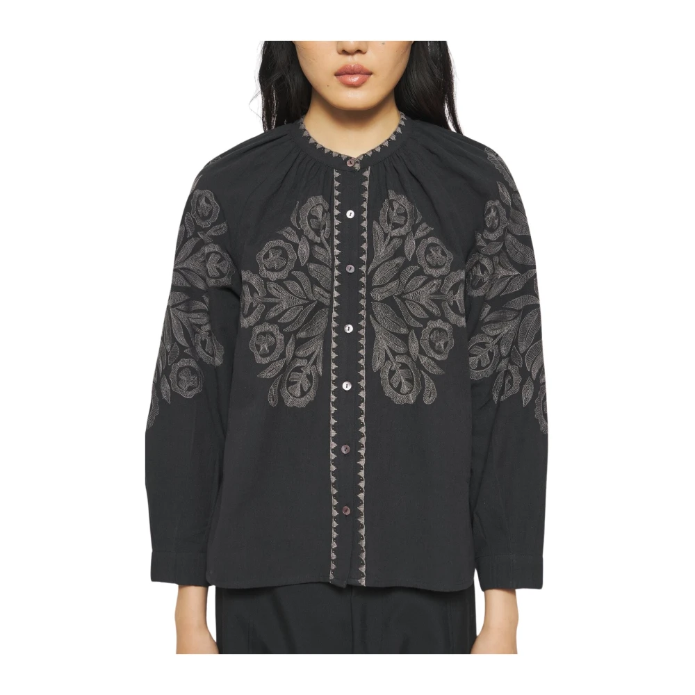 Antik batik Met de hand geborduurde katoenen blouse met parelmoeren knopen Black Dames