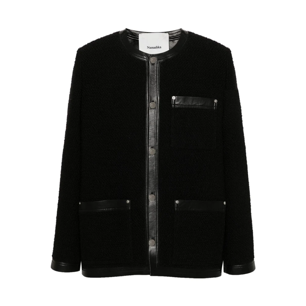 Nanushka Minimalistische Bouclé Tweed Jas met Leren Afwerking Black Heren