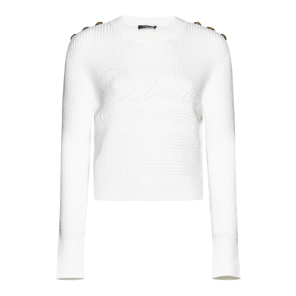 Balmain Vit Stickad Tröja med Logodetaljer White, Dam