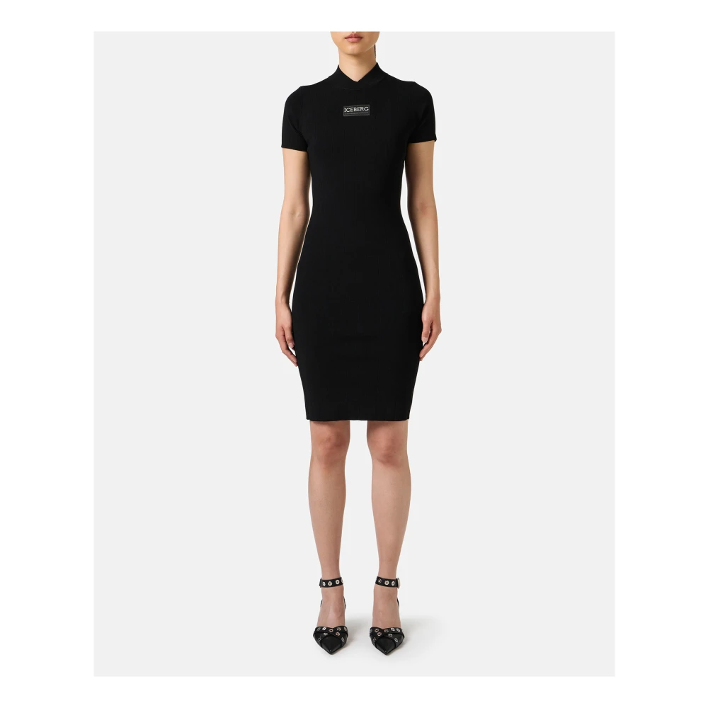 Iceberg Zwarte stretch viscose jurk met sportief geribbeld patroon Black Dames