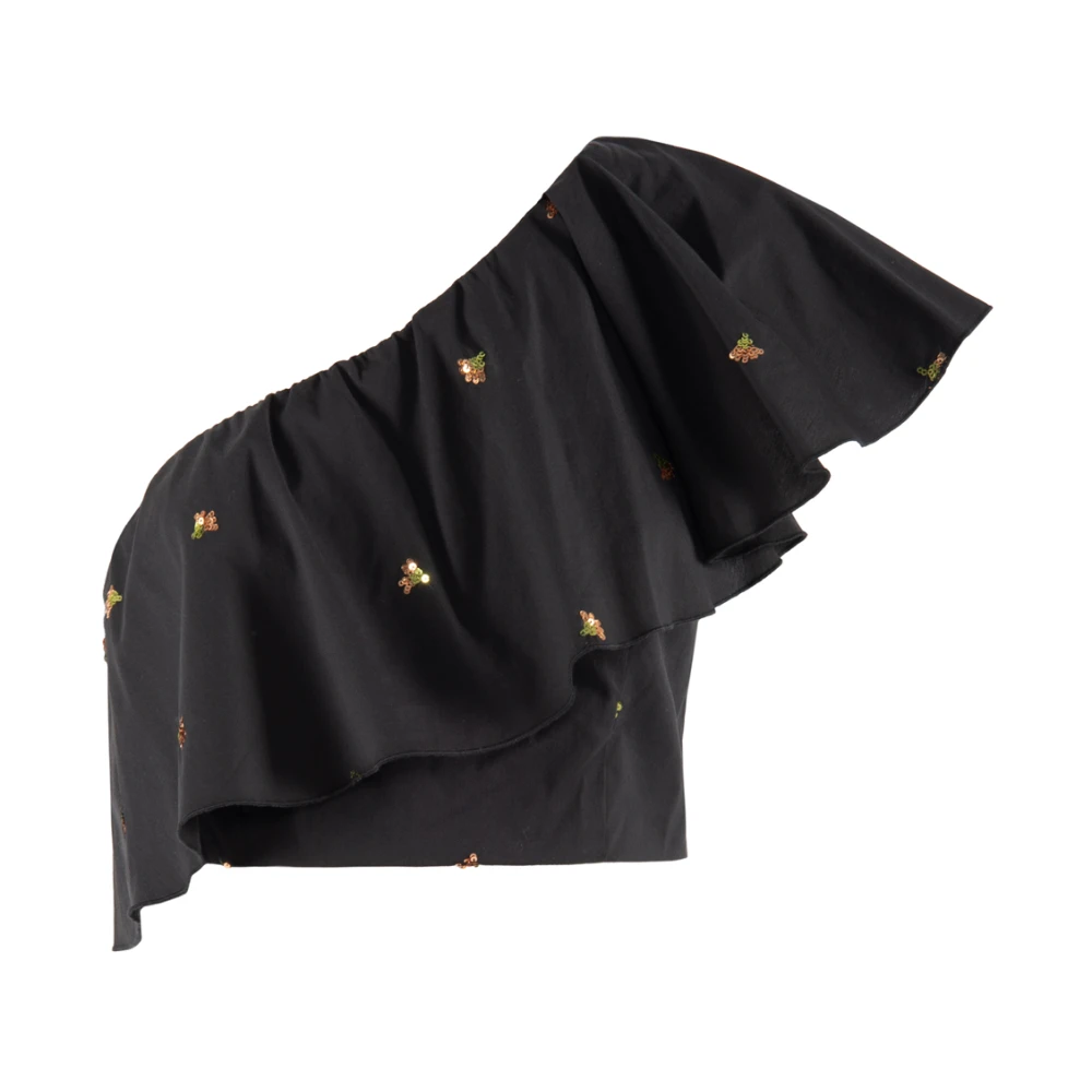Nenette Zwarte Paillet Geborduurde Katoenen Top Black Dames