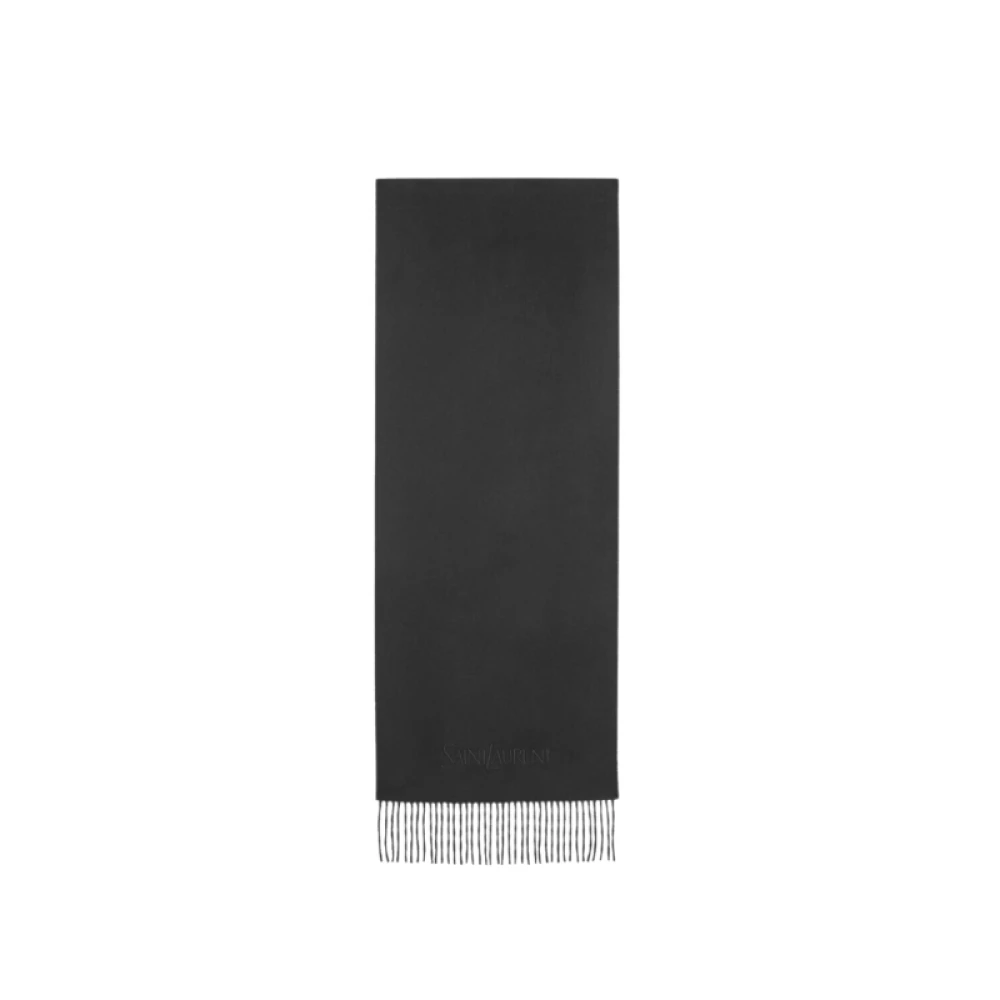 Saint Laurent Black Winter Scarves, Male, One Size, Cashmere Embroidered Fringed Scarf