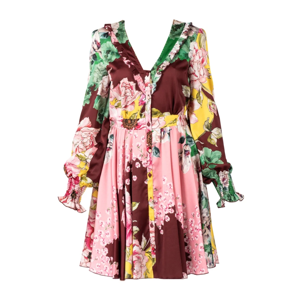 Pinko Damski Multicolor Sukienki, Kobieta, Wielobarwność,, Kwiatowa Sukienka Midi Z Dekoltem W Kształcie Litery V I Guzikami Średni