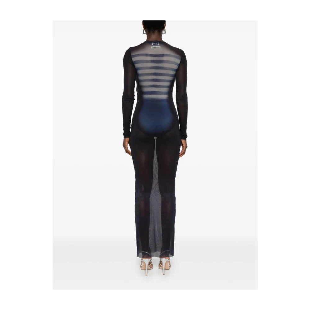 Jean Paul Gaultier Gedrukte Mesh Crew Neck Lange Jurk Blue Dames
