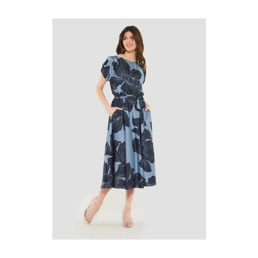 Swing Satijnen Bloemenprint Midi Jurk Blue Dames