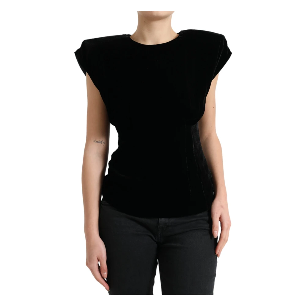 Dolce & Gabbana Women's Black Velvet Fitted Padded Shoulder Blouse Top - Blouses - 2XS - Blouses & Shirts