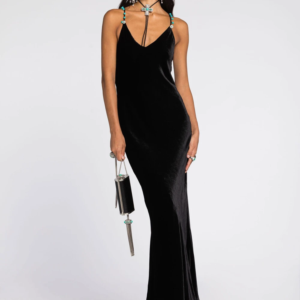 Roberto Cavalli Fluwelen Slip Jurk met Kralenbandjes Black Dames
