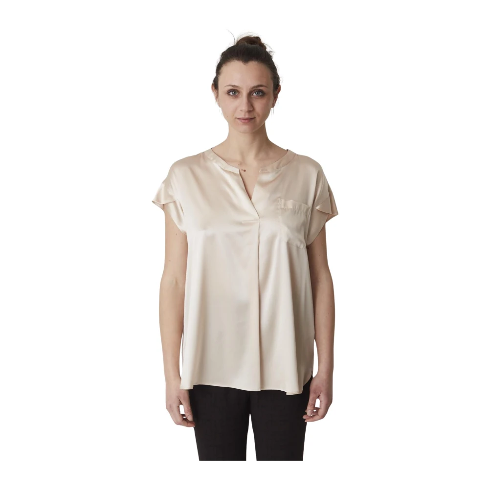 Caliban Open hals korte mouw overhemd Beige Dames