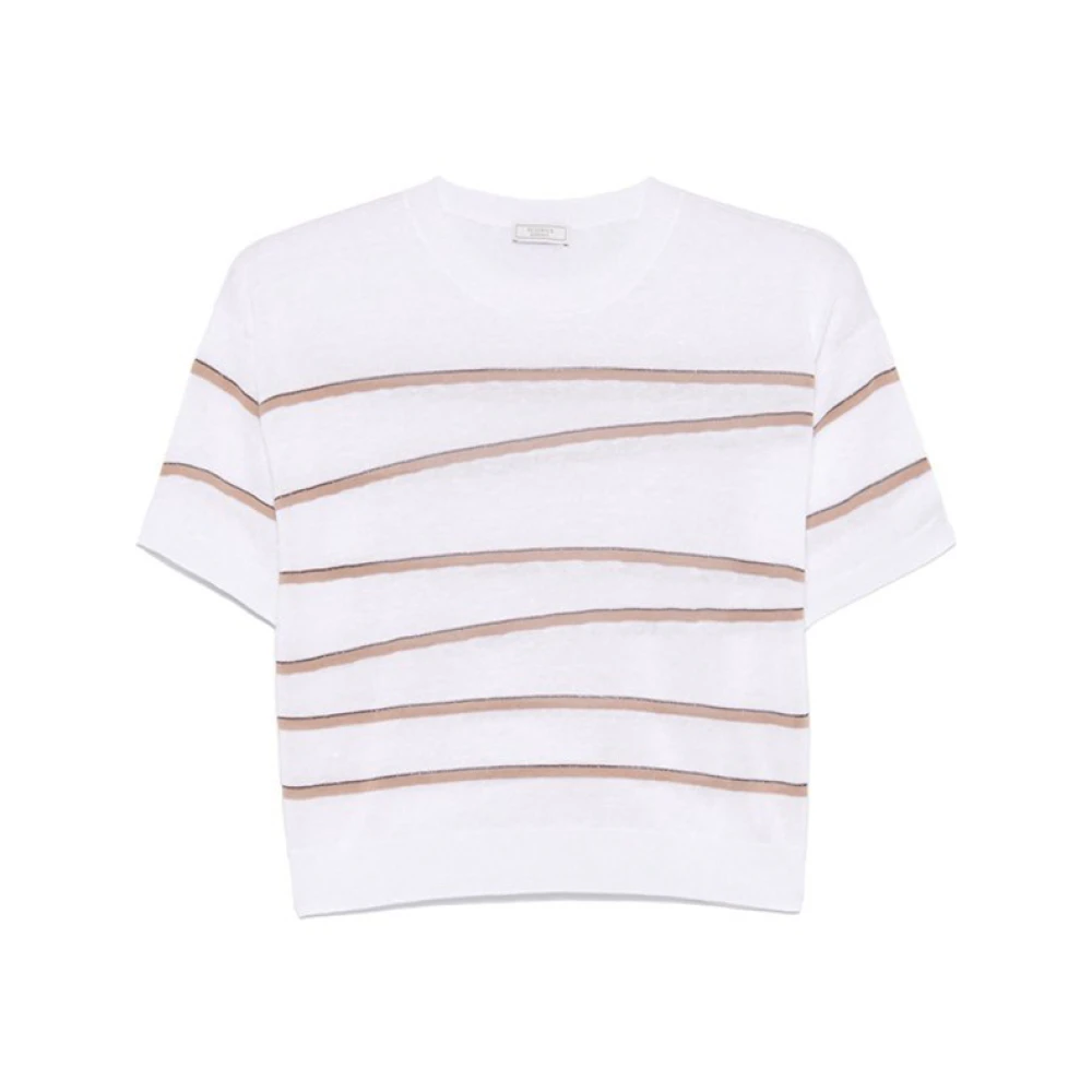 PESERICO Gestreepte Ribtop Ronde Hals White Dames