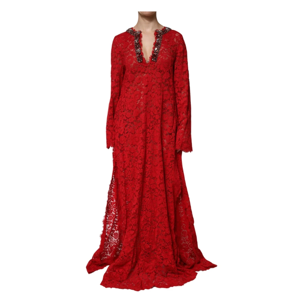 Dolce & Gabbana Women's Red Floral Lace Rhinestone Maxi Dress - Gowns - Xs - Dresses