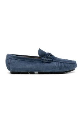Blå Läder Loafers Elegant Stängd Platta