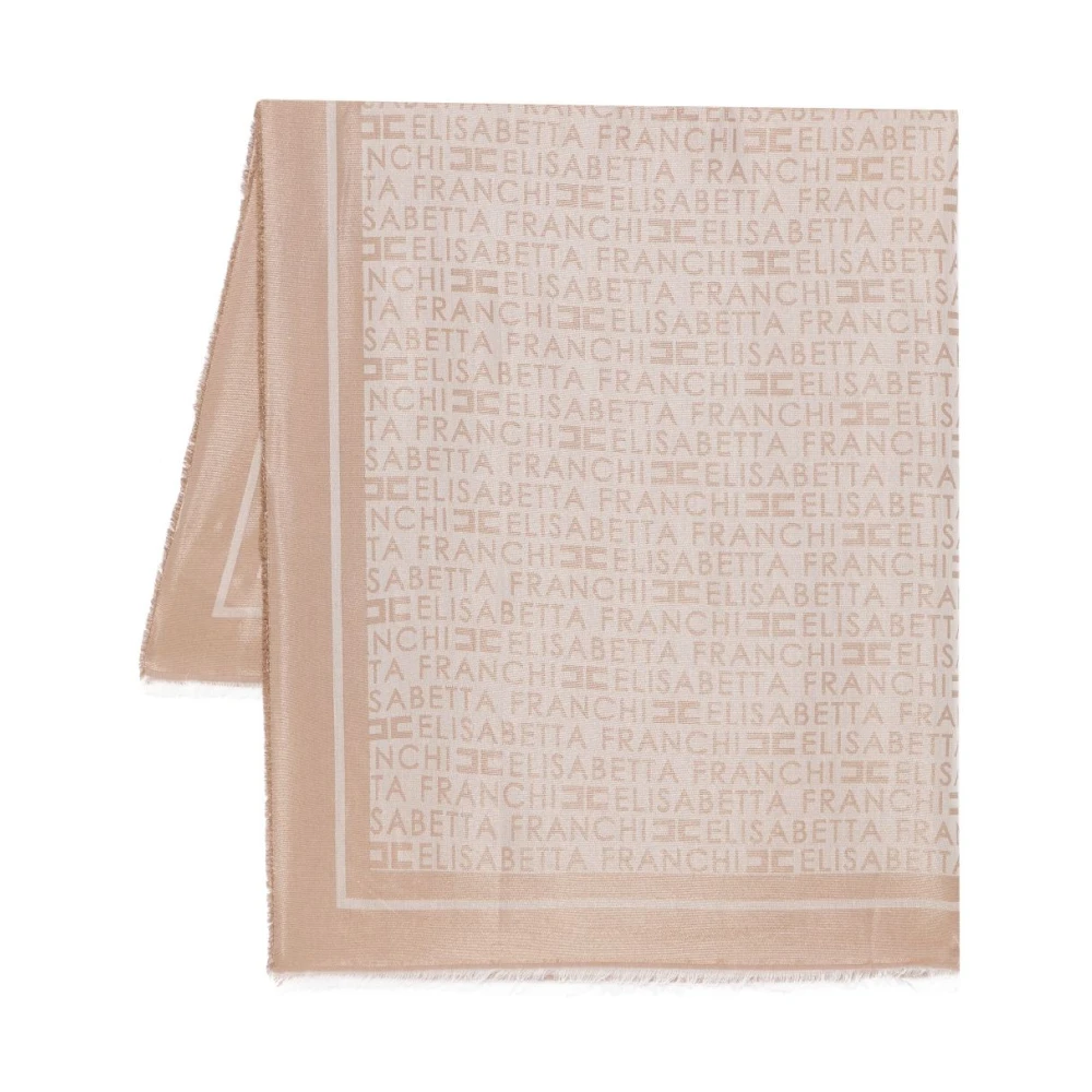 Elisabetta Franchi Bruin Jacquard Logo Raffel Lurex Jurk Beige Dames