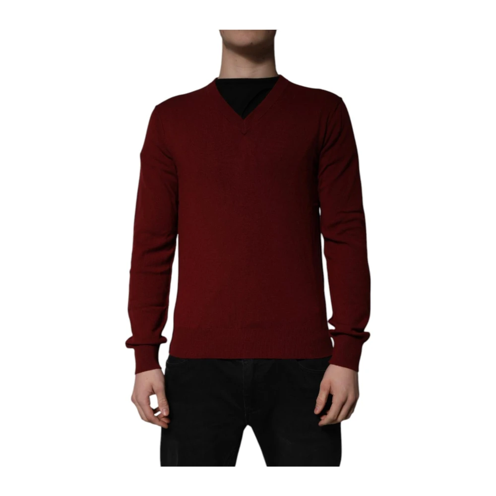 Dolce & Gabbana Men's Brown Cashmere Knitwear,, Maroon Cashmere V-Neck Pullover Jumper 2XL