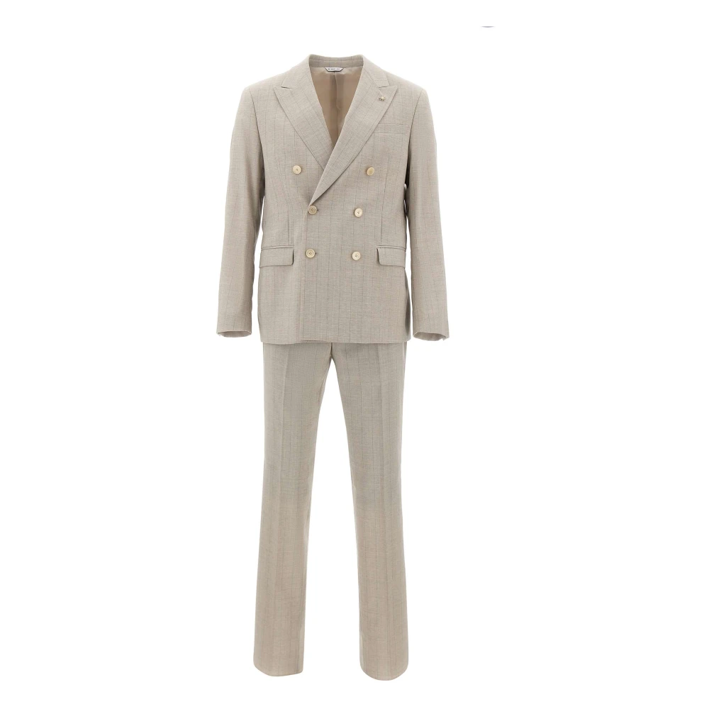 Manuel Ritz Beige Cool Wool Double Breasted Pinstripe Suit - Male - Double Breasted Suits - Xl - Suits