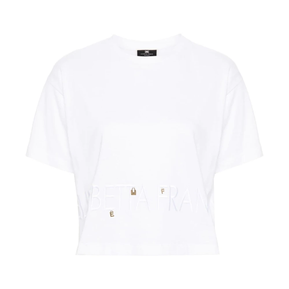 Elisabetta Franchi Witte Cropped Jersey T-shirt met Geborduurd Logo White Dames