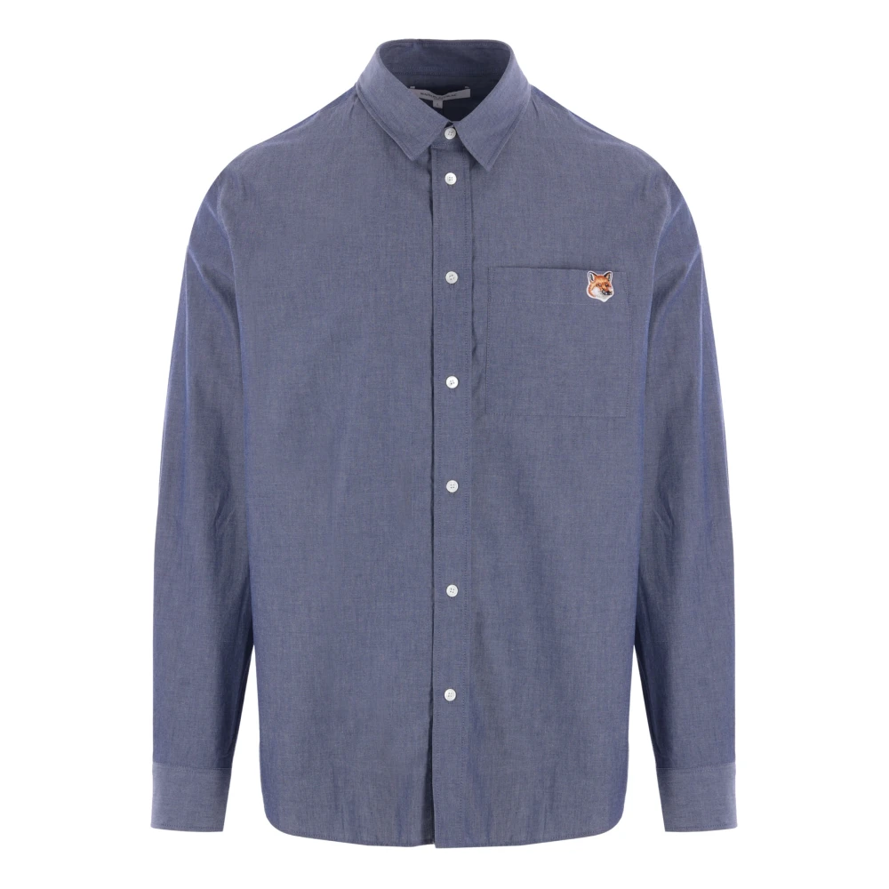 Maison Kitsuné Blauwe Chambray Overhemd met Fox Head Patch Blue Heren