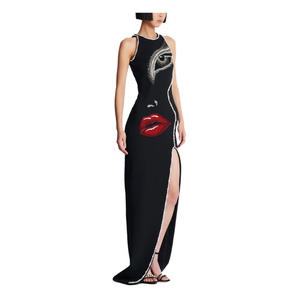 Balmain Lange geborduurde jurk met gezichtsmotief Black Dames