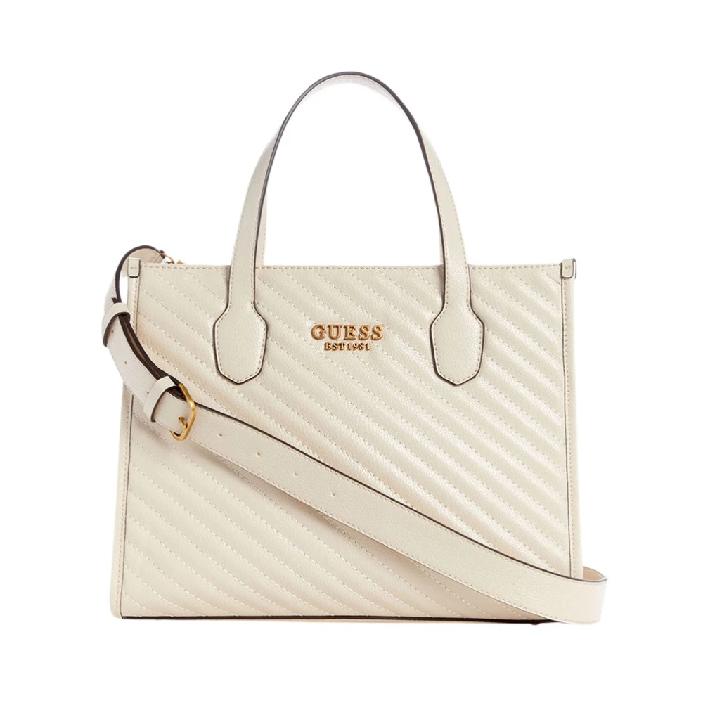 Guess Women's White Handbags, One Size, Silvana 2 Compartment Tote Bag