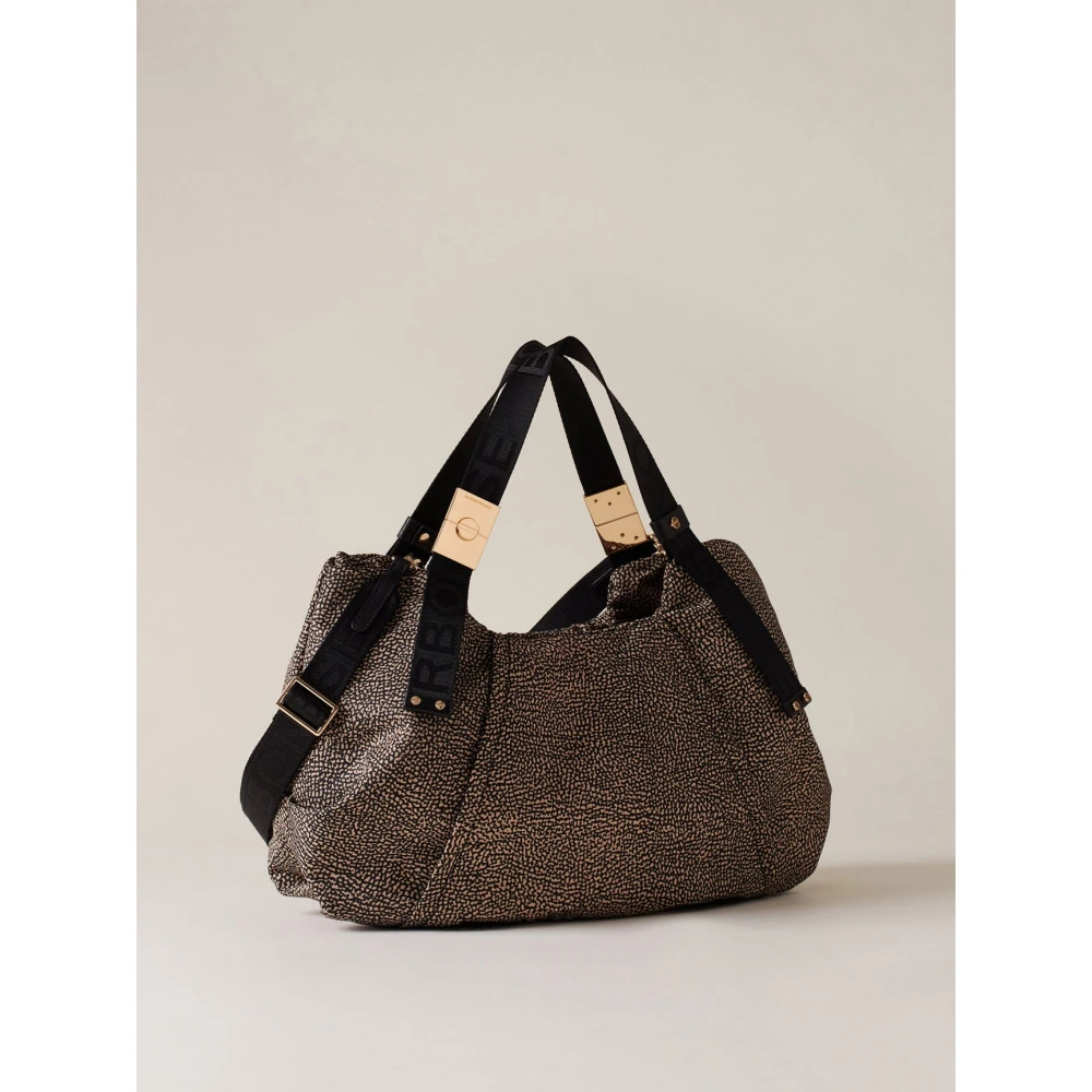 Borbonese Beige Jacquard Schoudertas met Leren Details Beige Dames