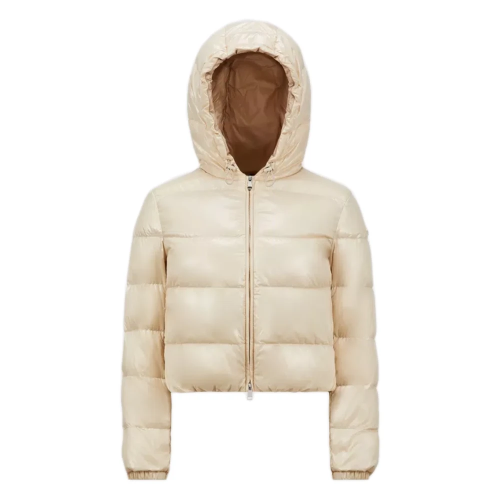 Moncler Gewatteerde Nylon Donsjas met Capuchon Beige Dames