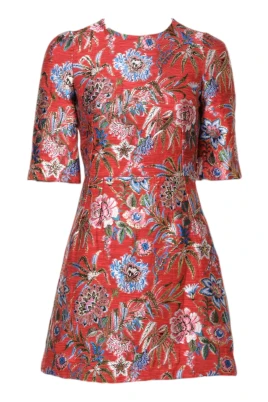 Röd Blommig Jacquard A-linje Miniklänning
