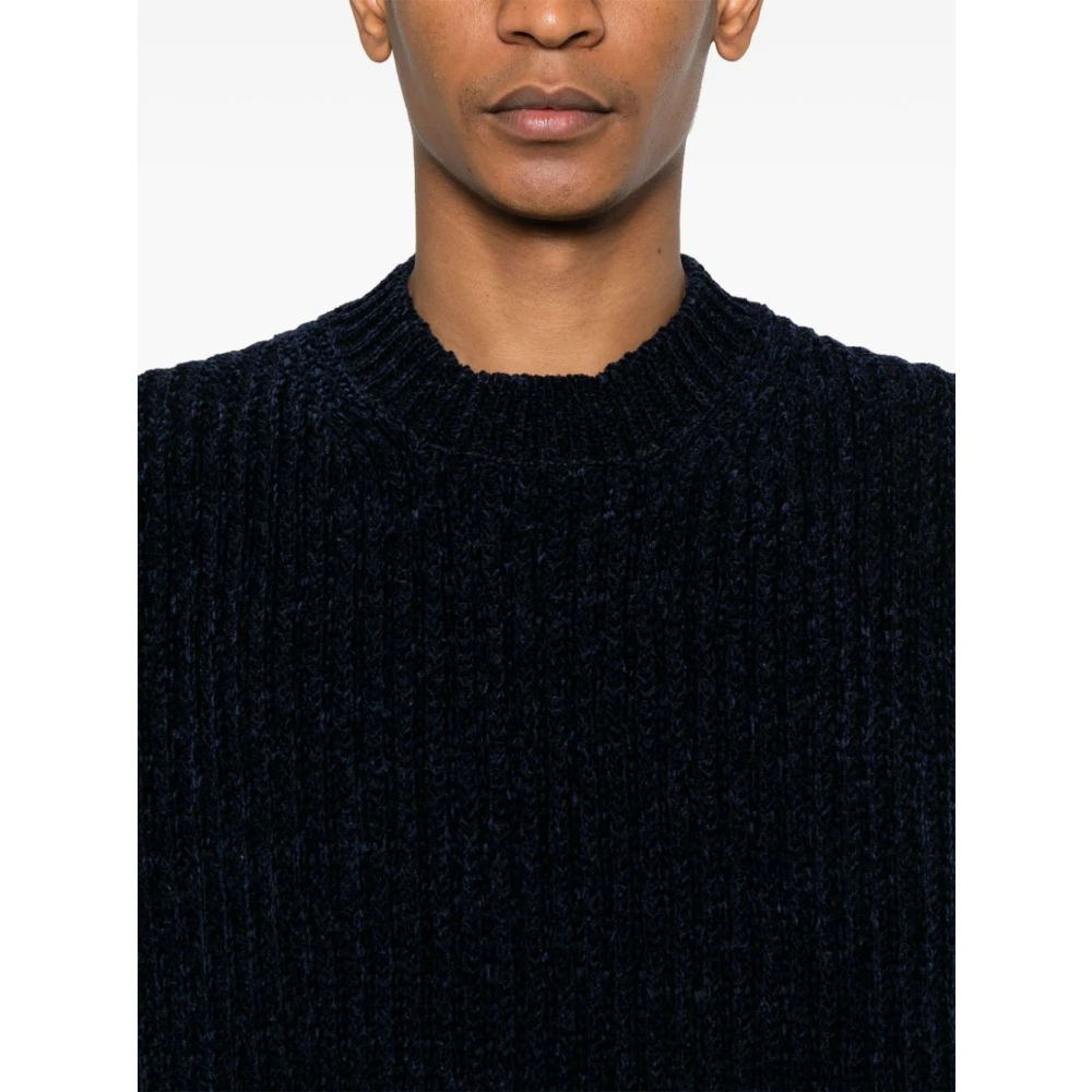 Junya Watanabe Blauwe Ribgebreide Crew Neck Sweater Blue Heren