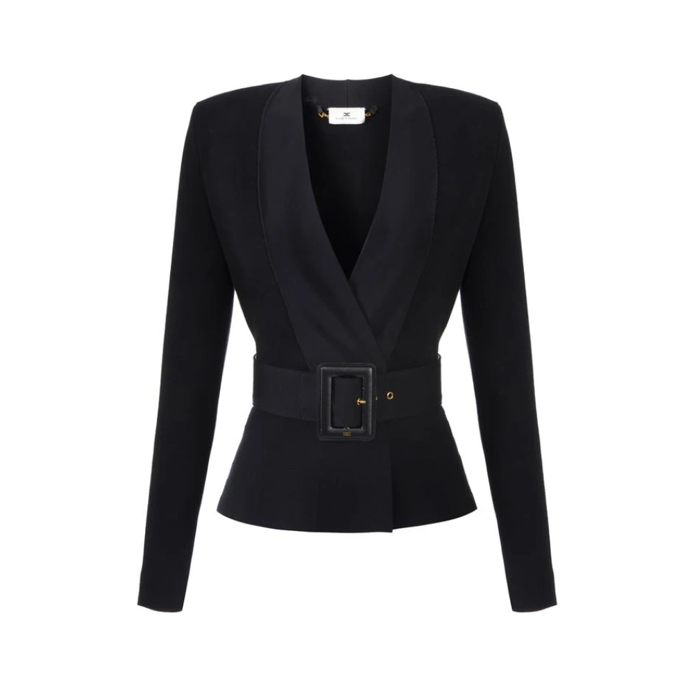 Elisabetta Franchi Women's Black Knit Jacket With Belt - Blazers - L - Jackets