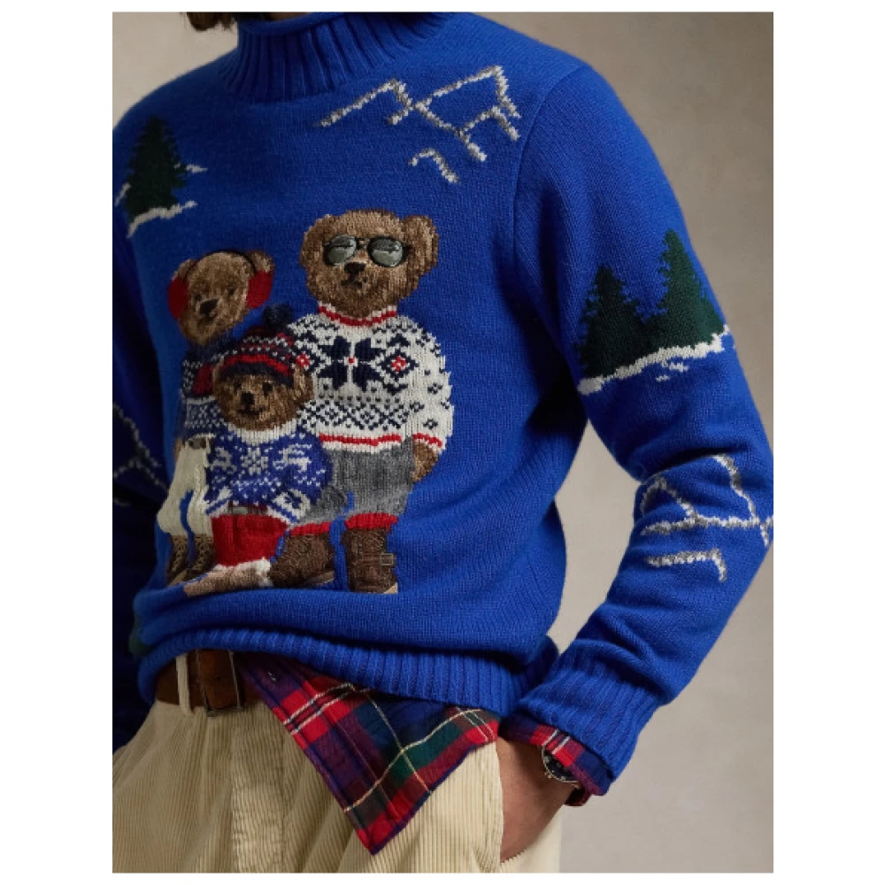 Polo Ralph Lauren Intarsia Wol Polo Bear Familie Trui Blue Heren