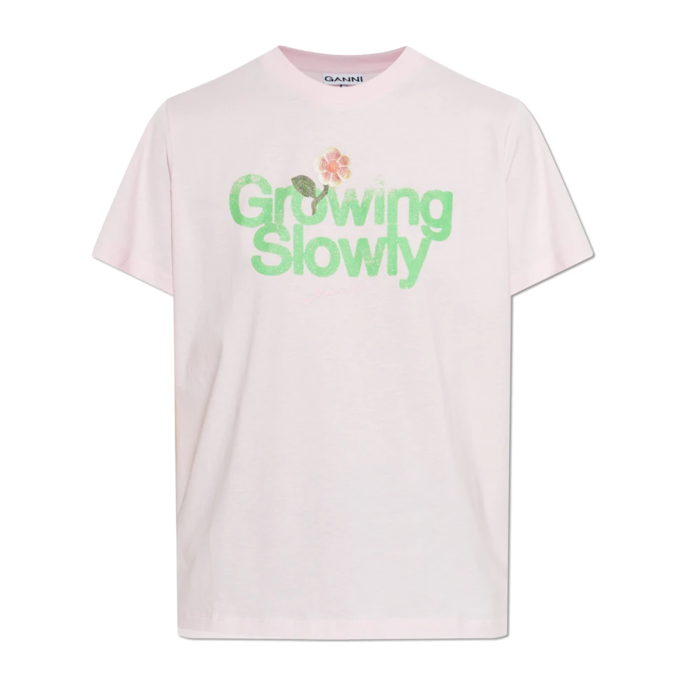 Ganni Women's Pink T-Shirts, S, Basic Cotton Jersey Growing Slowly