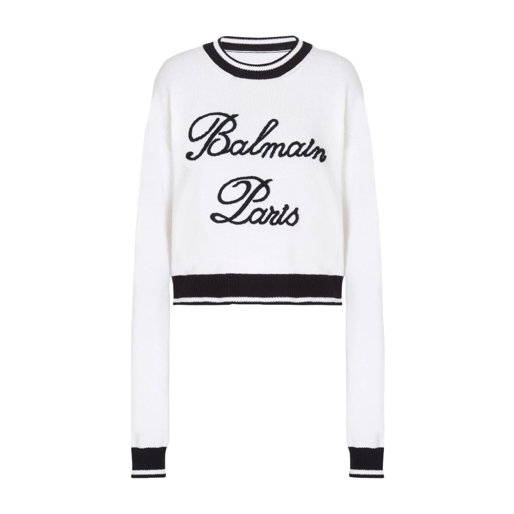 Balmain Gebreide Crew Neck Sweater Geborduurd Logo White Dames