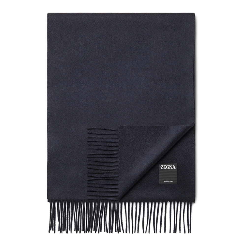 Zegna Men's Blue Winter Scarves, One Size, Dark Cashmere Scarf Fringed