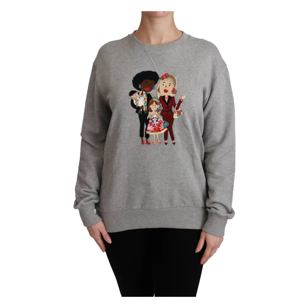 Dolce & Gabbana Women's Gray Sweatshirts, S, Elegant Multicolor Embroidered Crew-Neck Jumper