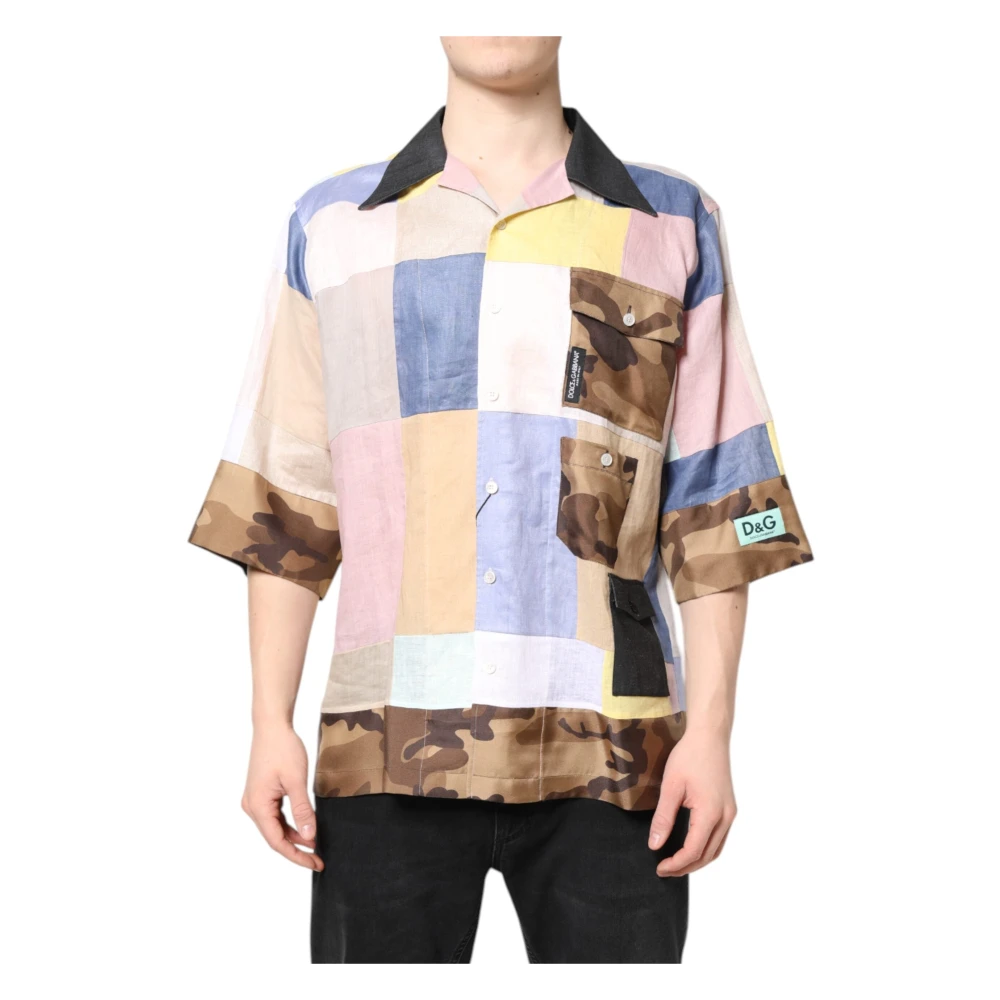 Dolce & Gabbana Men's Multicolor Short Sleeve Shirts, 3XS, Patchwork Casual Shirt