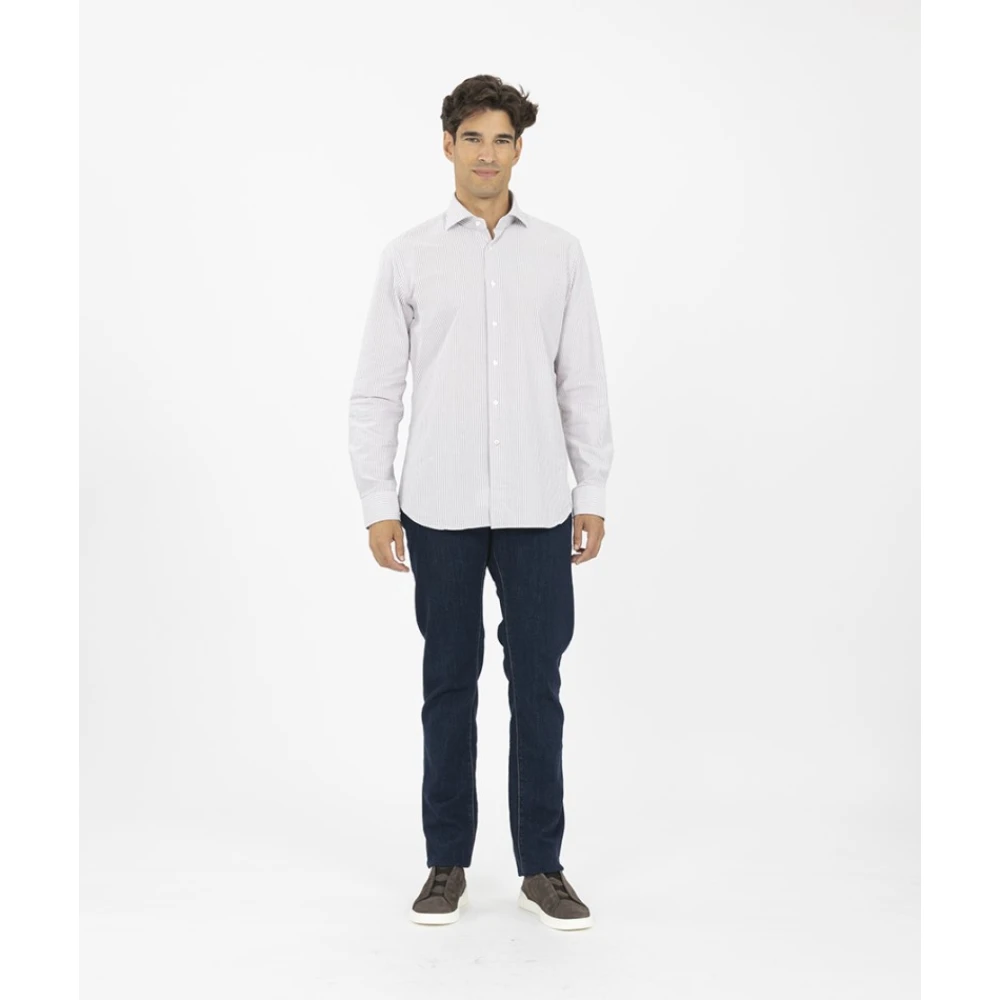 Xacus Sportief Gestreept Overhemd met Italiaanse Kraag White Heren