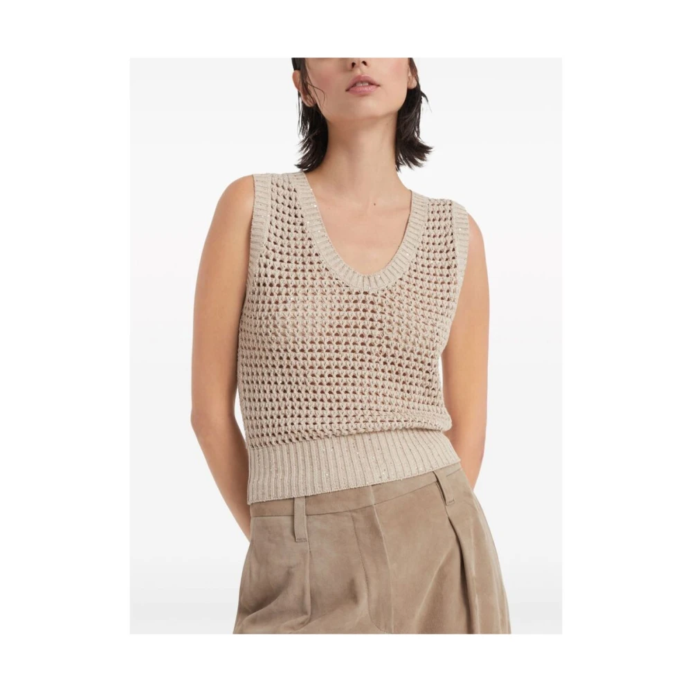 BRUNELLO CUCINELLI Beige Gebreide Top met Pailletten Beige Dames