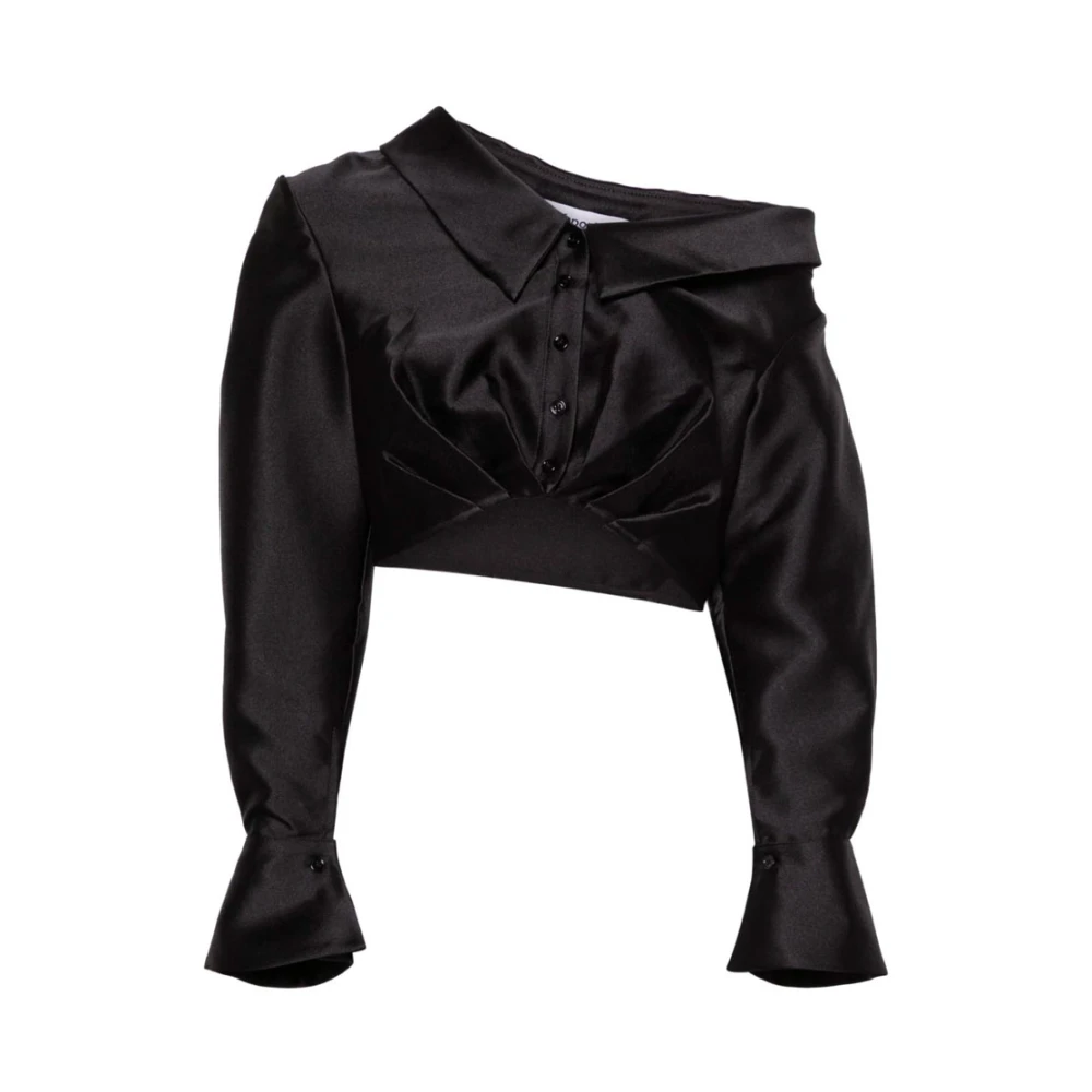Self Portrait Cropped Taffeta Top met Asymmetrische Halslijn Black Dames