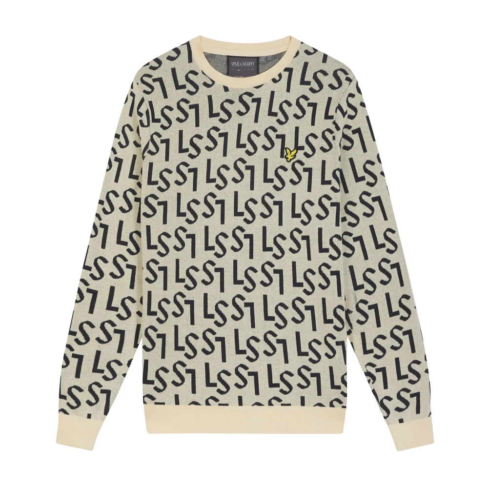 Lyle & Scott Monogram Gebreide Crew Neck Trui Beige Heren