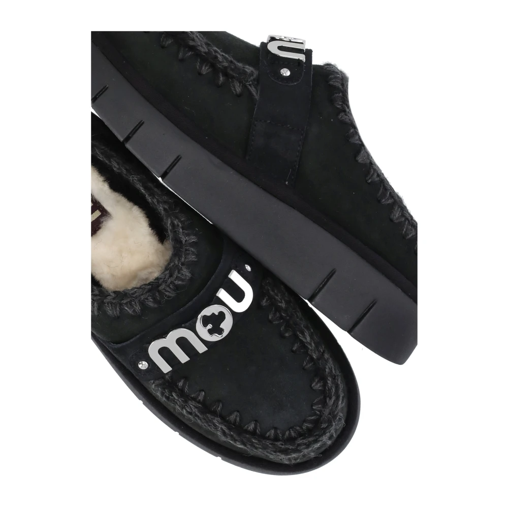 Mou Zwarte Suède Leren Slippers met Wolsteken Black Dames