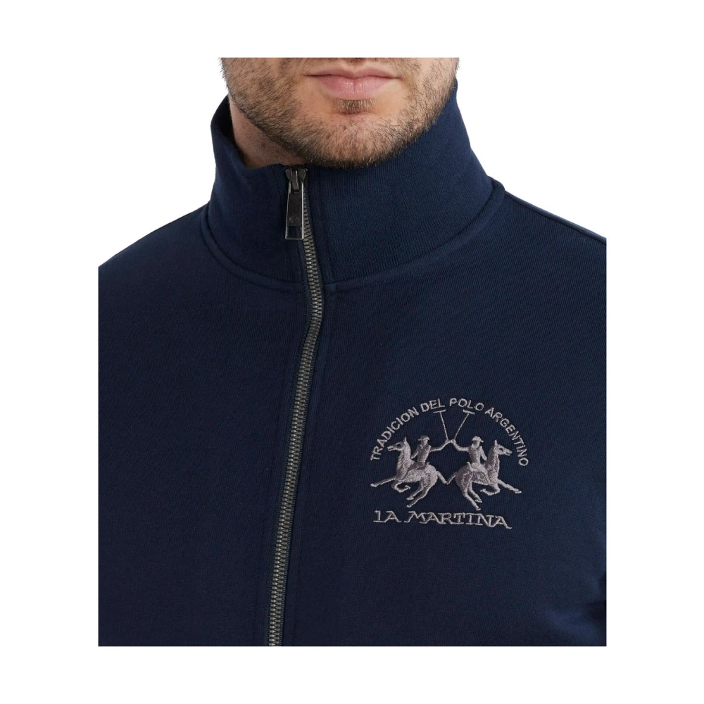 LA MARTINA Blauwe Katoenen Zip-Up Sweatshirt met Geborduurd Logo Blue Heren