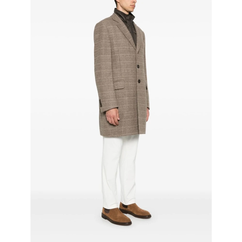 Fay Beige Tartan Wollen Jas met Afneembaar Gilet Beige Heren