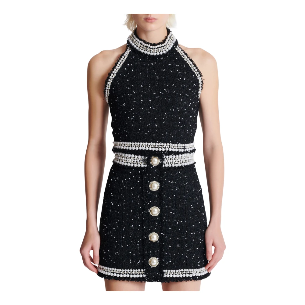 Balmain Geborduurde polka-dot tweed halternek top Black Dames