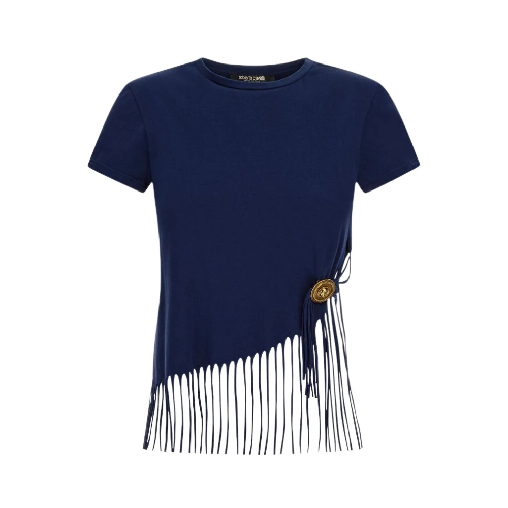 Roberto Cavalli Fringed Crew-neck T-shirt med Medaljong Blue, Dam