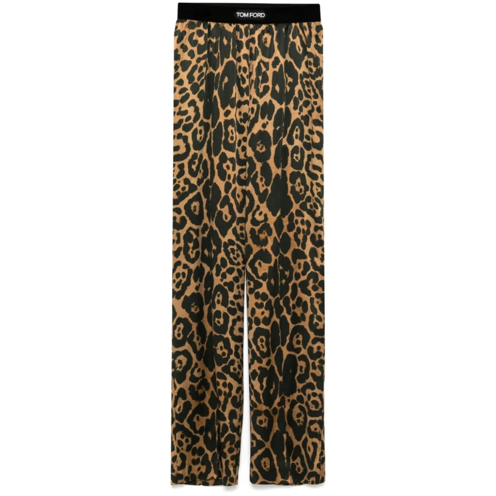 Tom Ford Women's Brown Straight Trousers, M, Silk Leopard Trousers